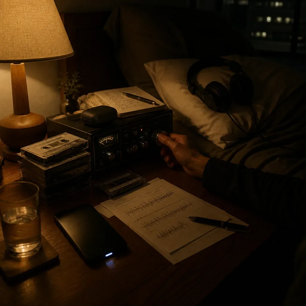 Bedside nap setup with timer headphones and water