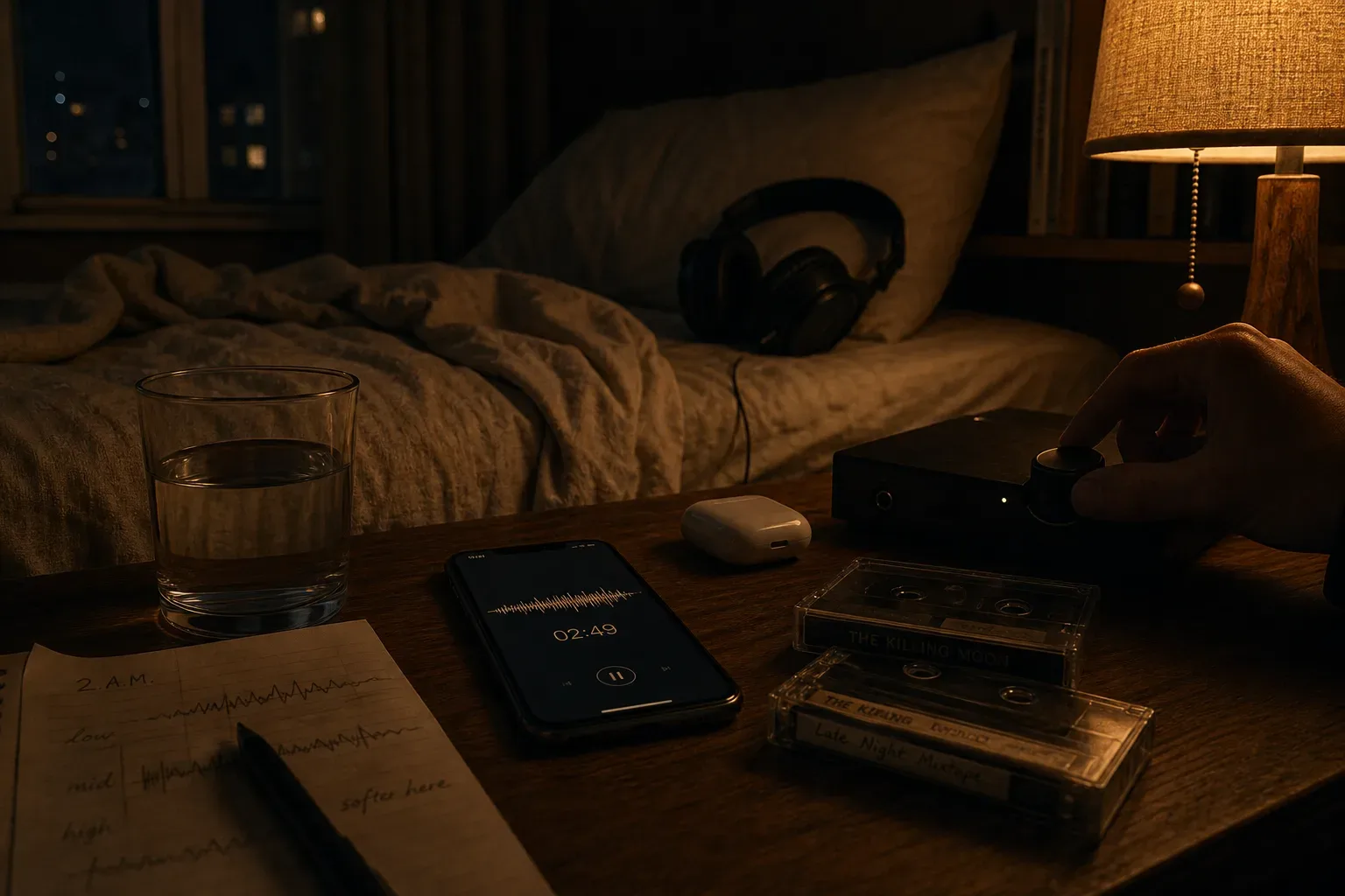 Phone playing quiet audio beside a dark bed