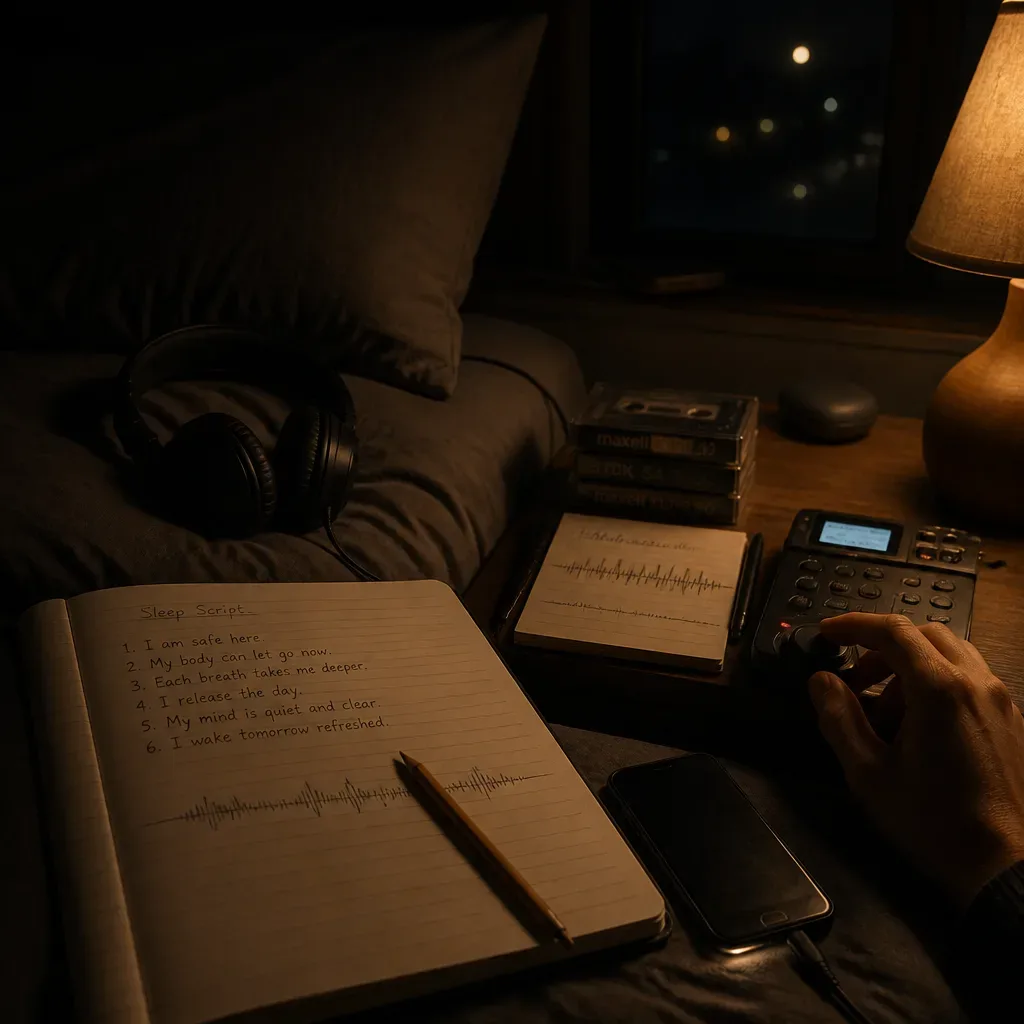 Notebook with short sleep script beside pillow