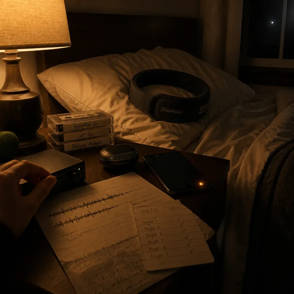 Sleep log and audio device beside bed