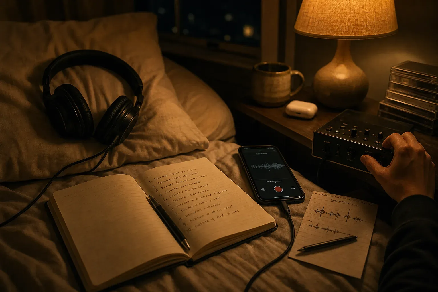 Notebook and headphones beside a dim bedside lamp