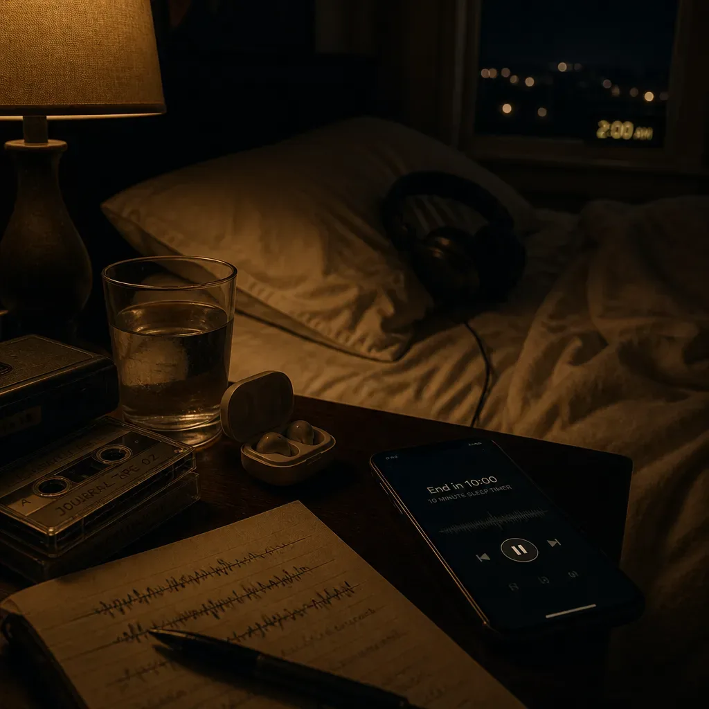 Phone sleep timer beside bed and earbuds