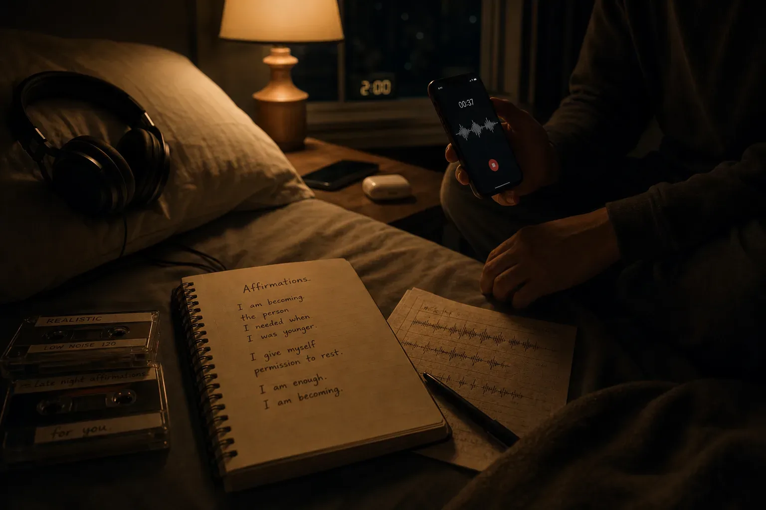 Person editing soft spoken audio beside a bed