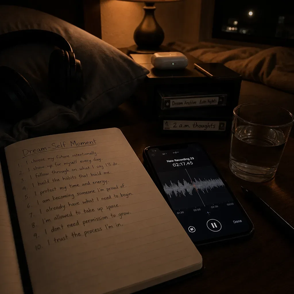 Notebook script beside phone voice recorder