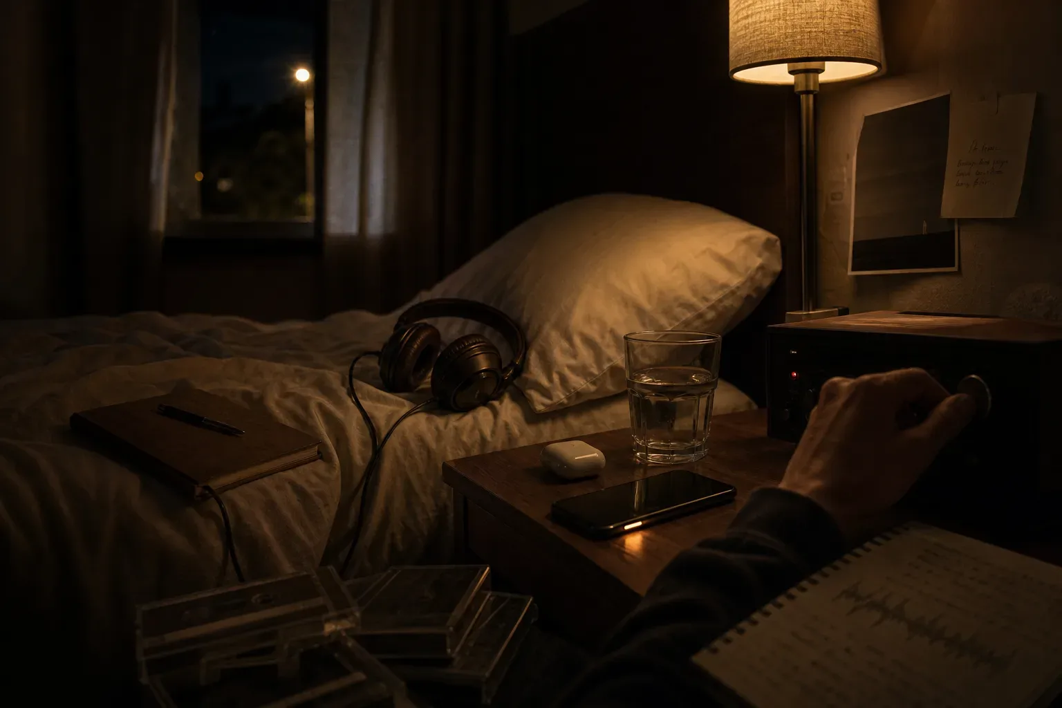 Quiet bedroom with headphones and a bedside notebook