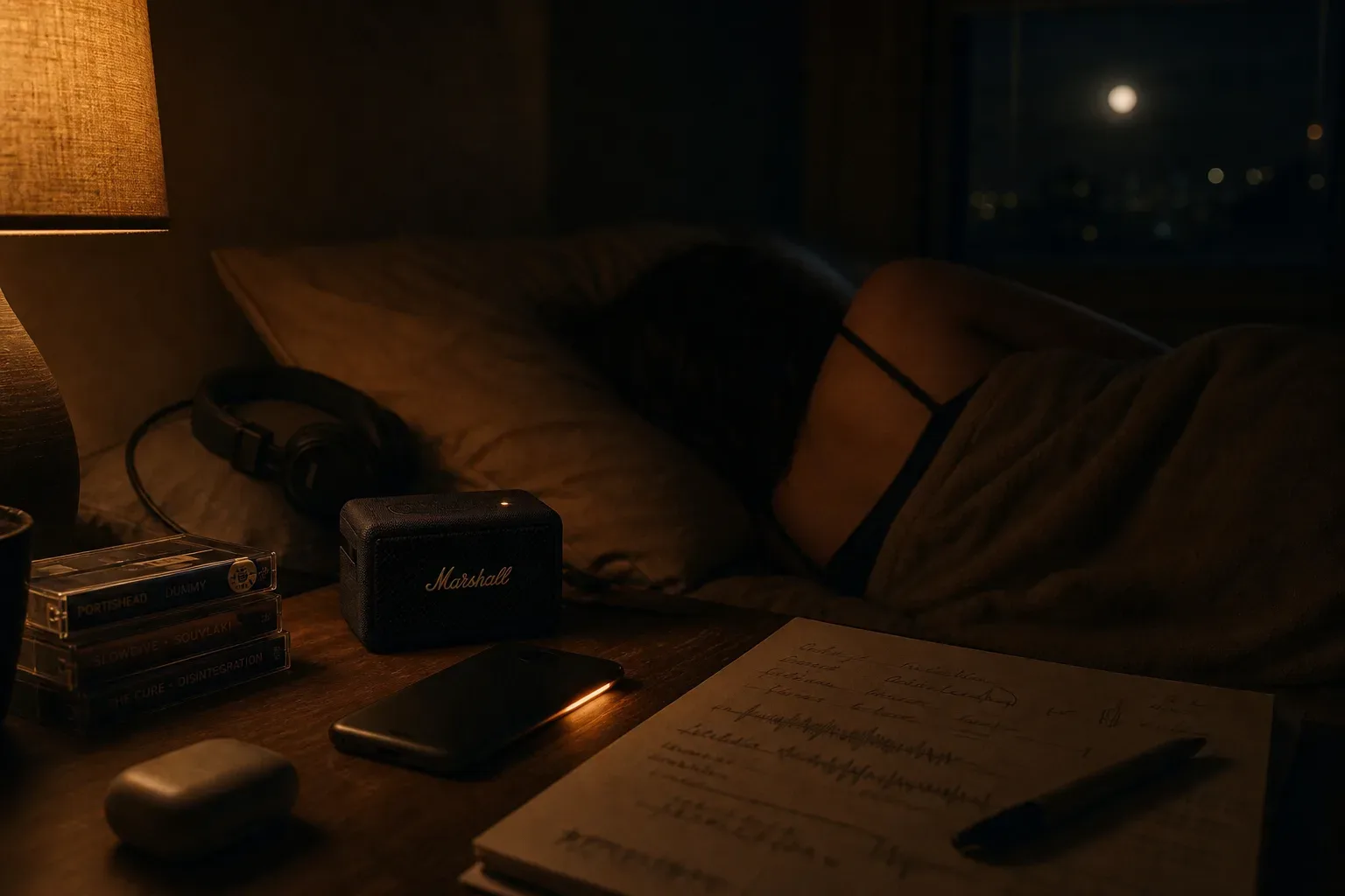 Sleeping listener beside a quiet bedside speaker