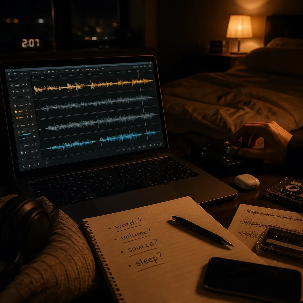 Audio waveforms beside a nighttime safety checklist
