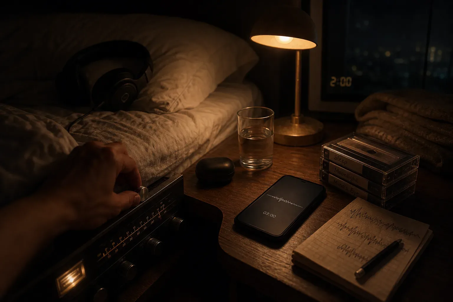 Bedside phone playing soft audio at night