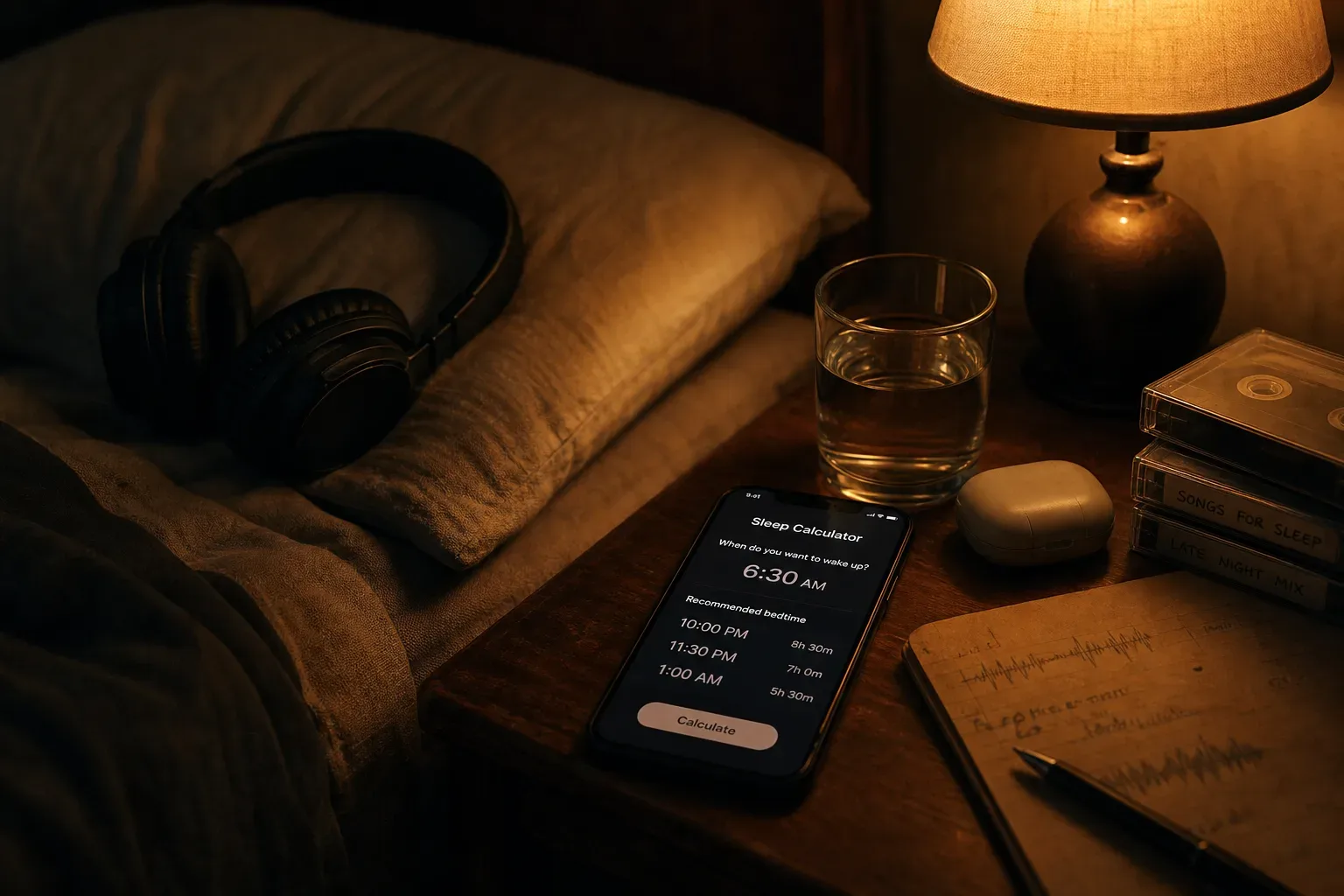 Phone sleep calculator beside headphones on a nightstand