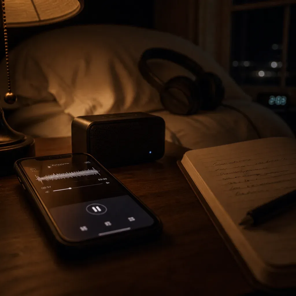 Low-volume voice recording playing beside a bed