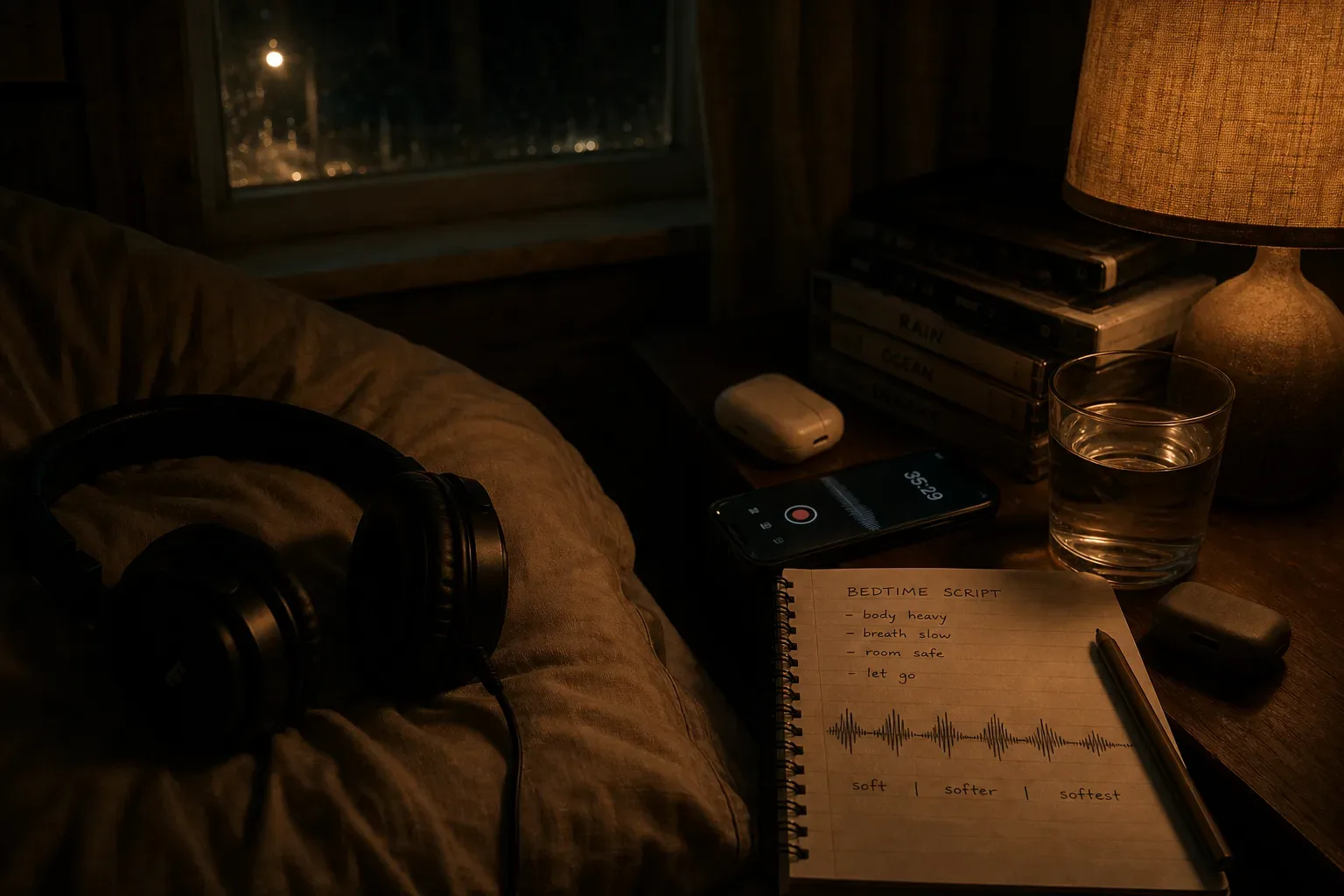 Bedside audio recorder beside a dim sleeping room