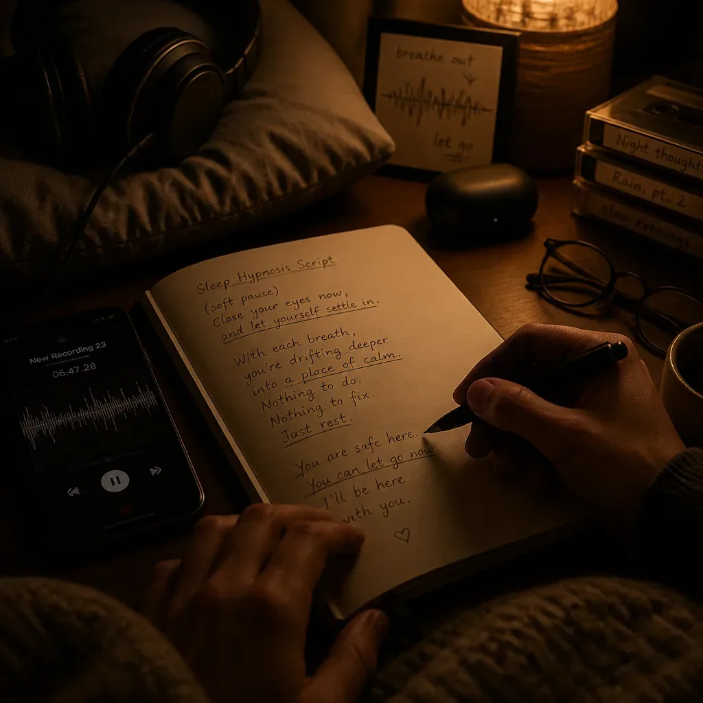 Notebook script beside a phone voice recorder