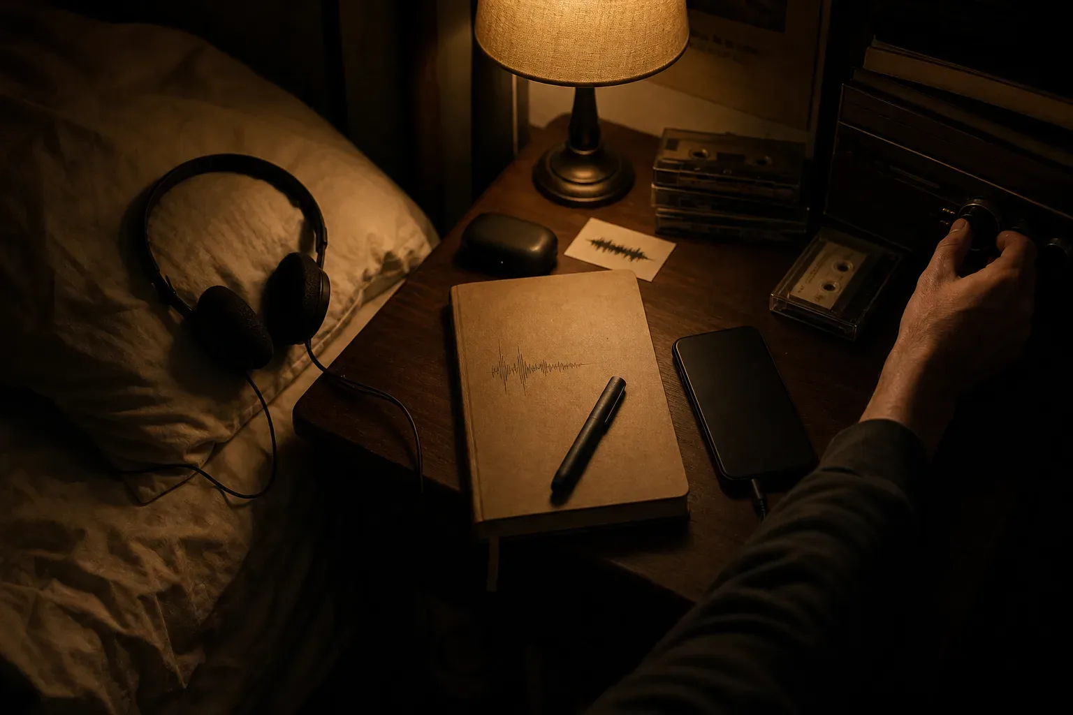 Headphones beside a notebook in soft bedroom light