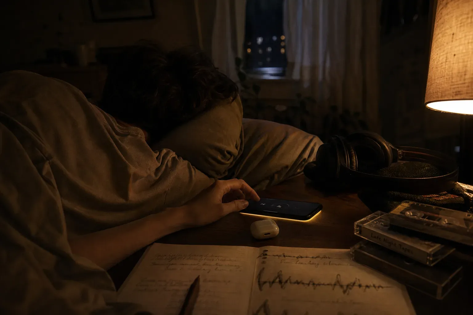 Person listening quietly in bed before sleep