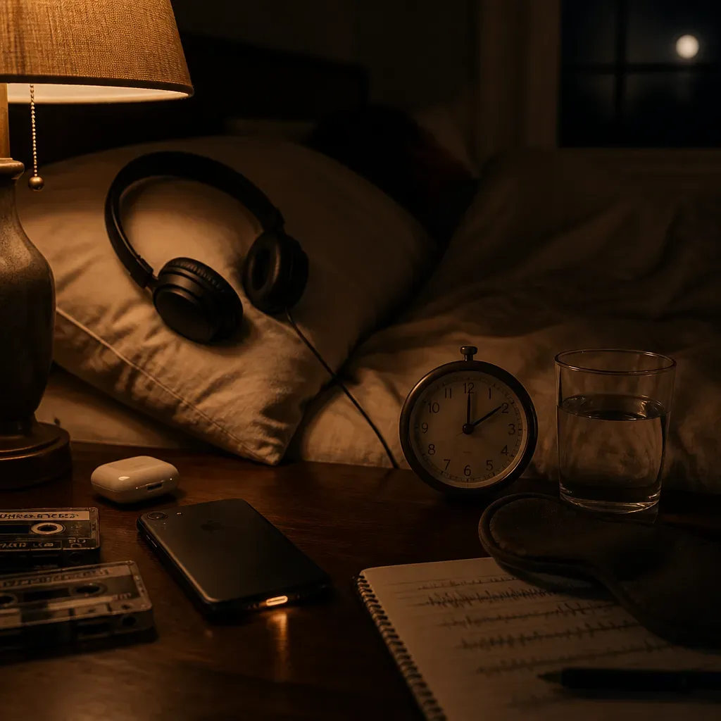 Quiet bedside table after a nighttime audio practice