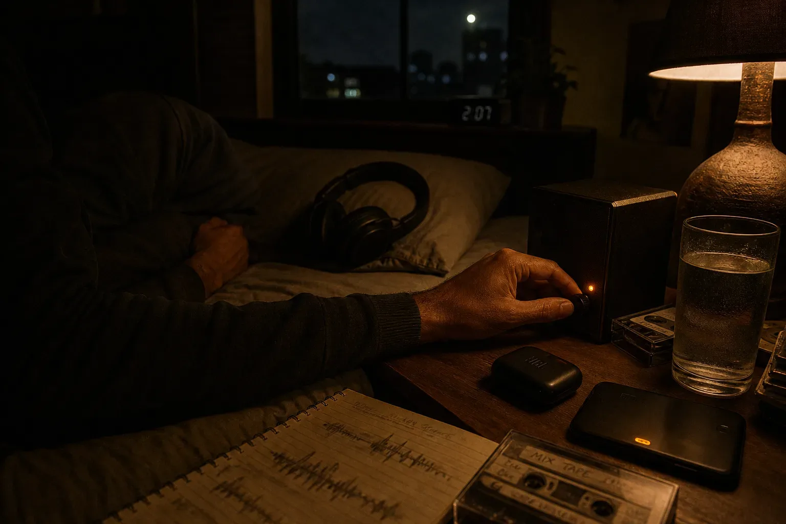 Persona escuchando un audio suave antes de dormir