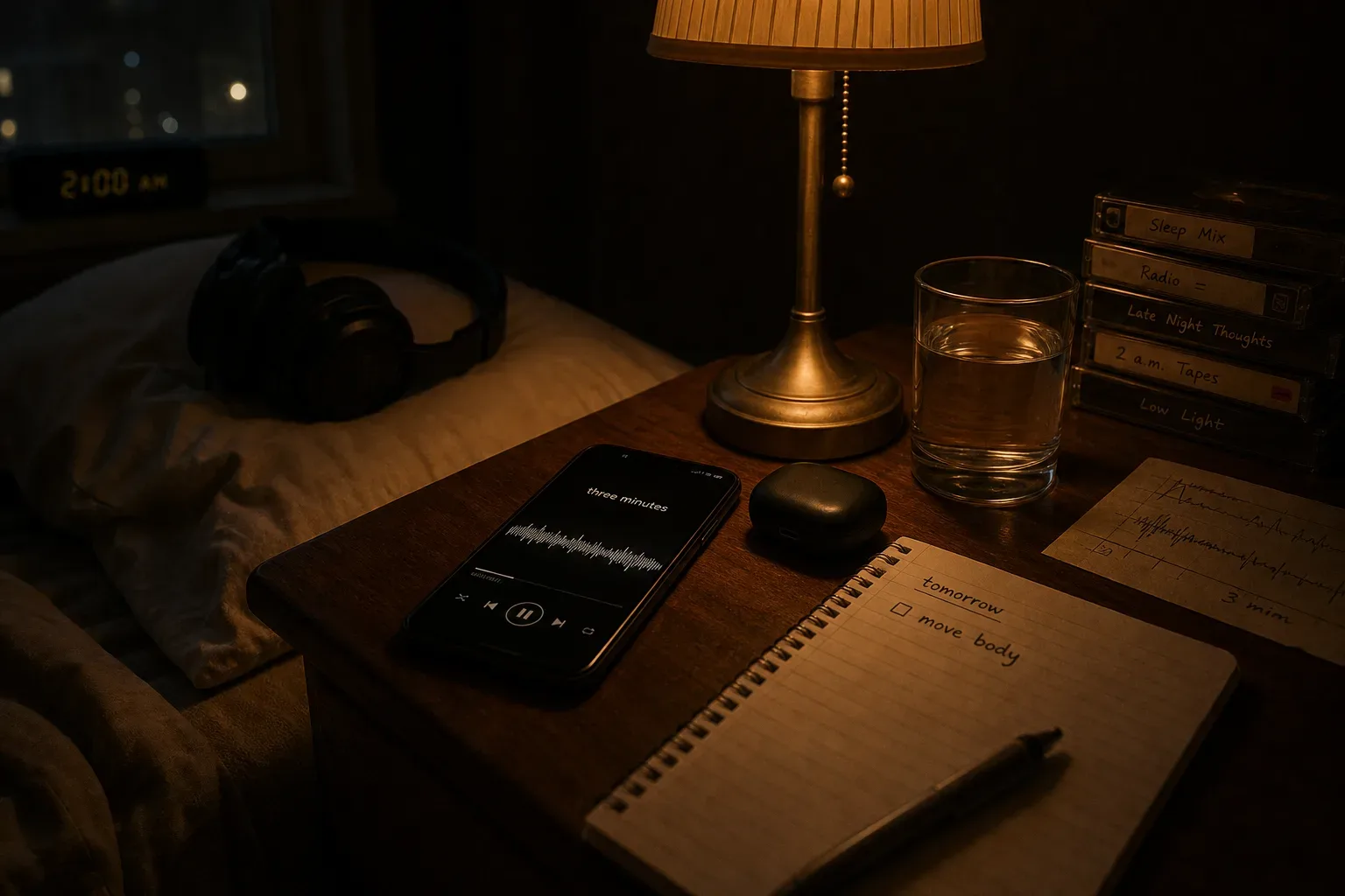 Phone playing soft audio beside a notebook at night