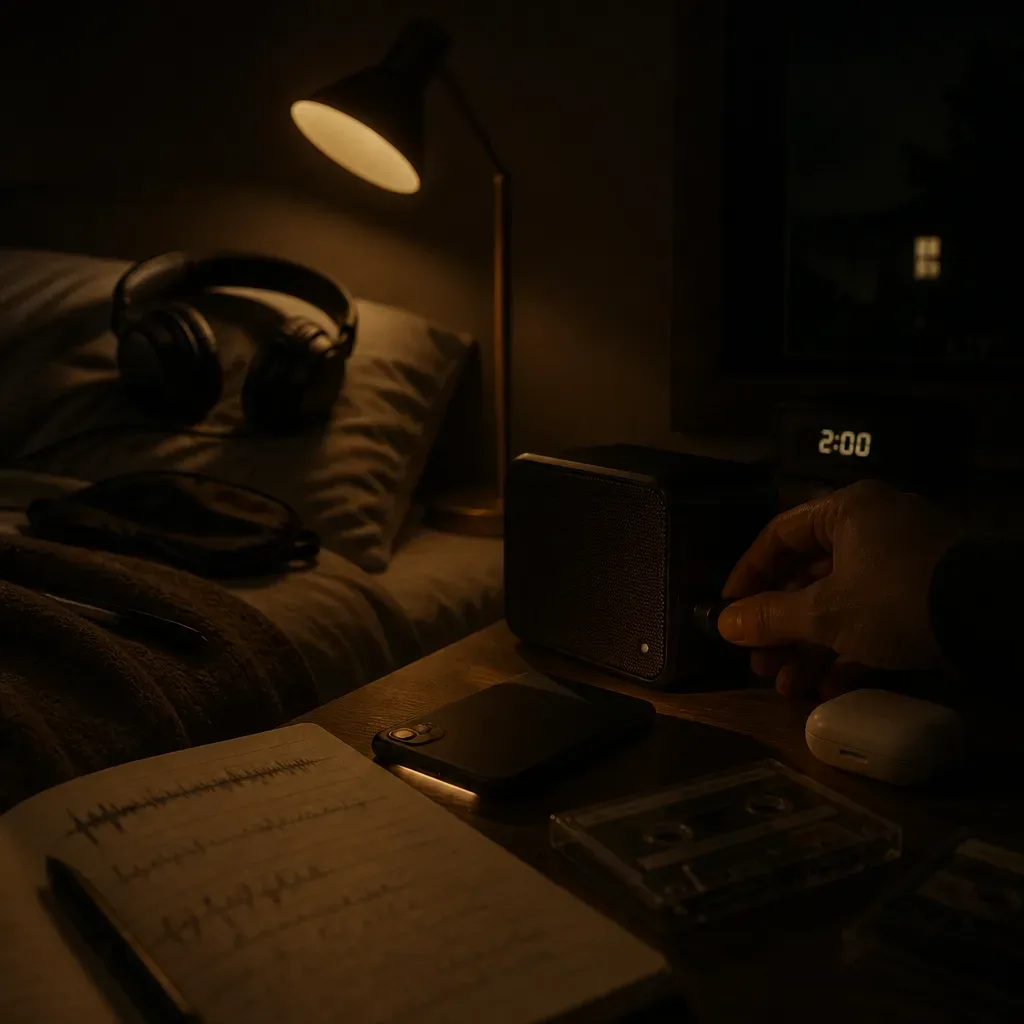 Low volume bedtime audio playing beside a bed