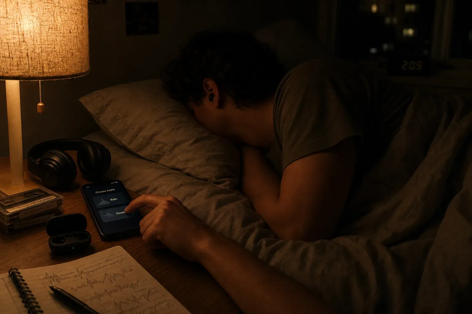 Person listening to night audio beside a dim lamp