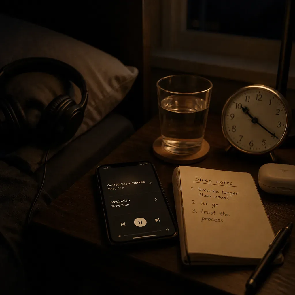 Bedside phone playing a quiet night audio track