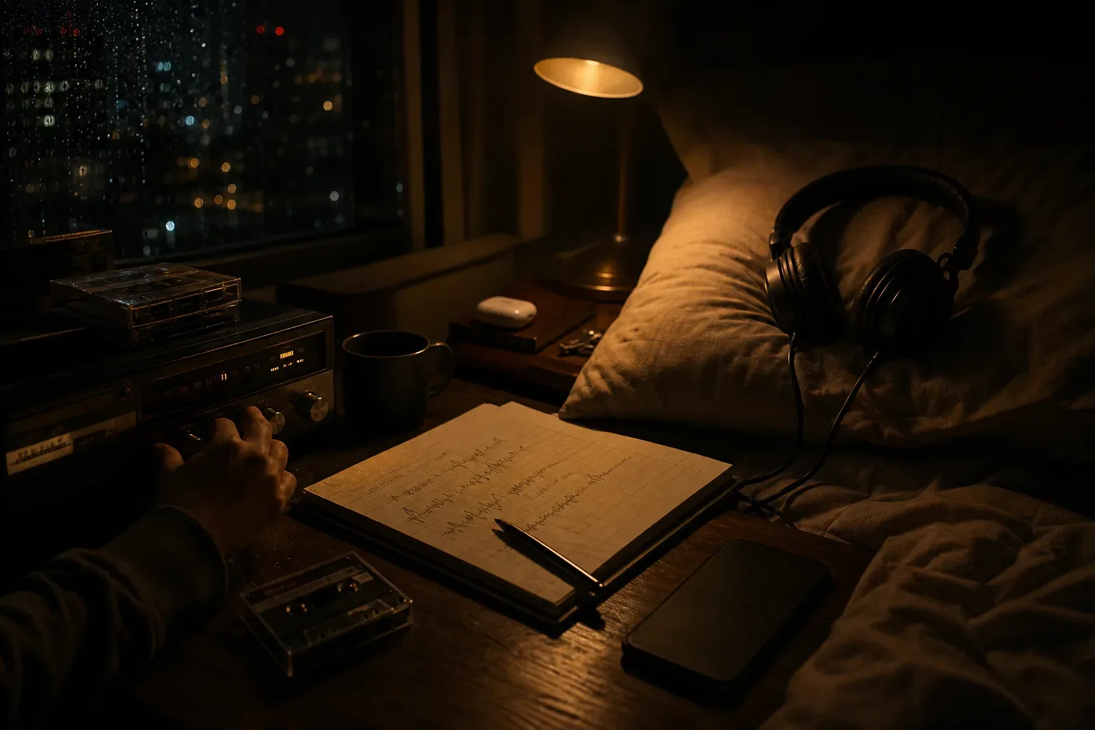 Student bedside with headphones and closed notebook