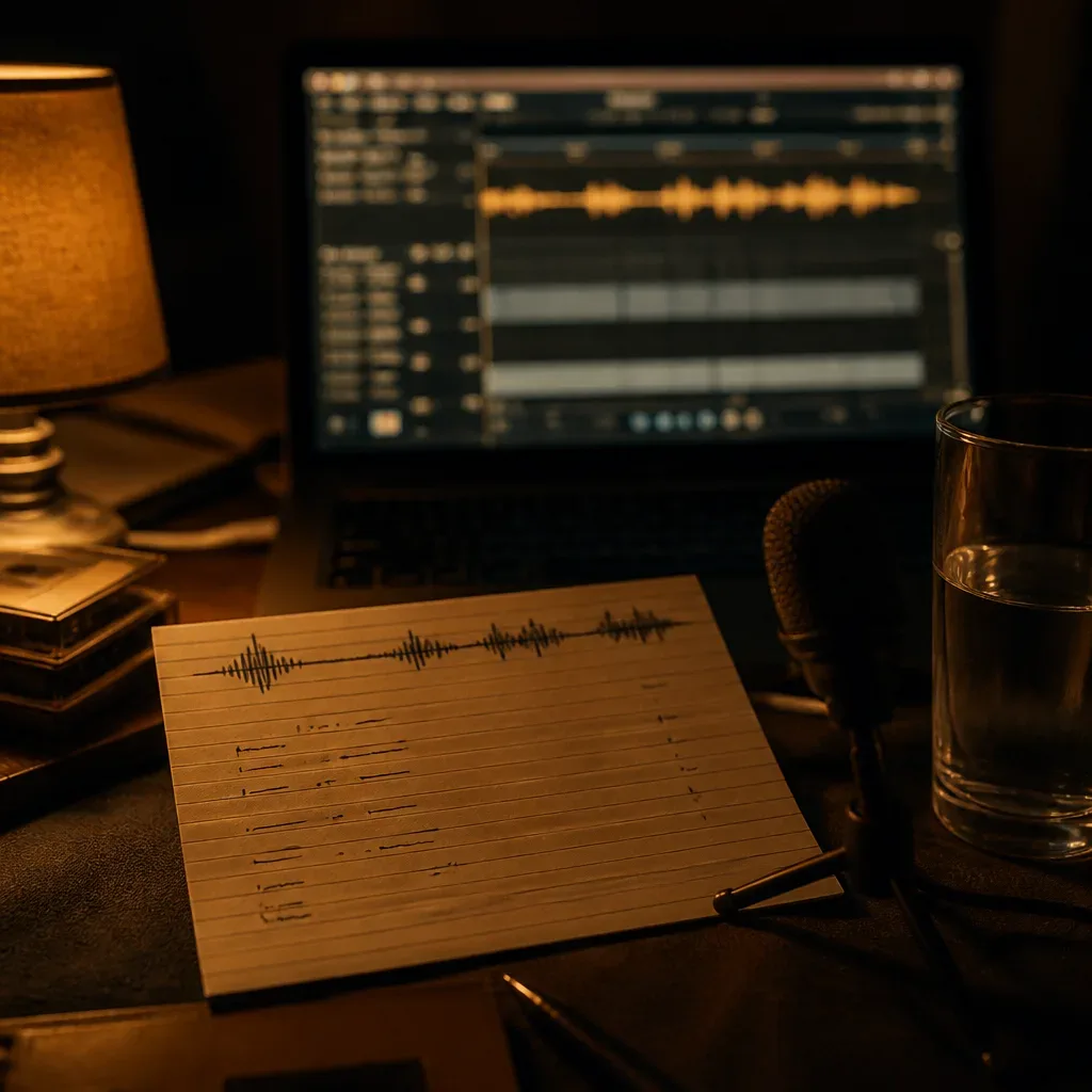 Handwritten focus script beside microphone and lamp