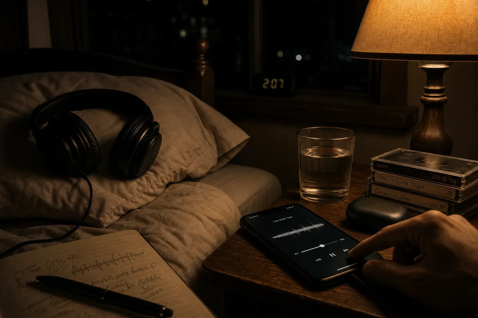 Phone playing quiet affirmations beside a dark bed