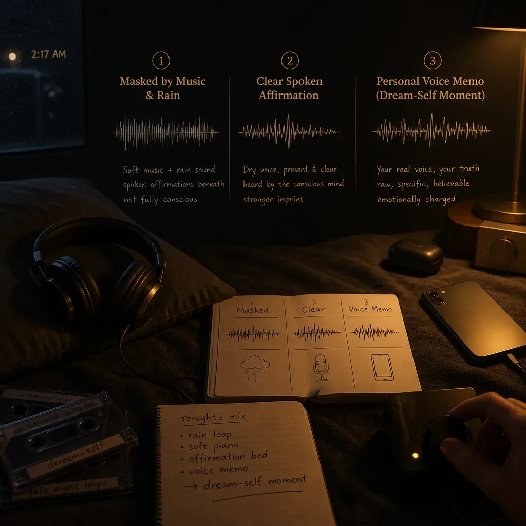 Three bedtime audio practices compared on a desk