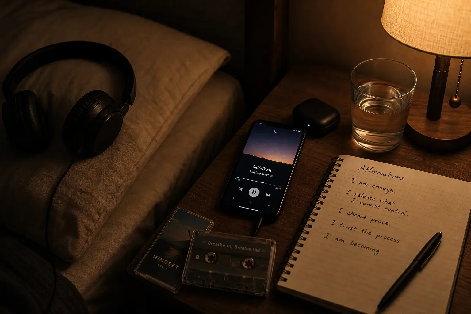 Phone playing quiet audio beside a dark bedside lamp