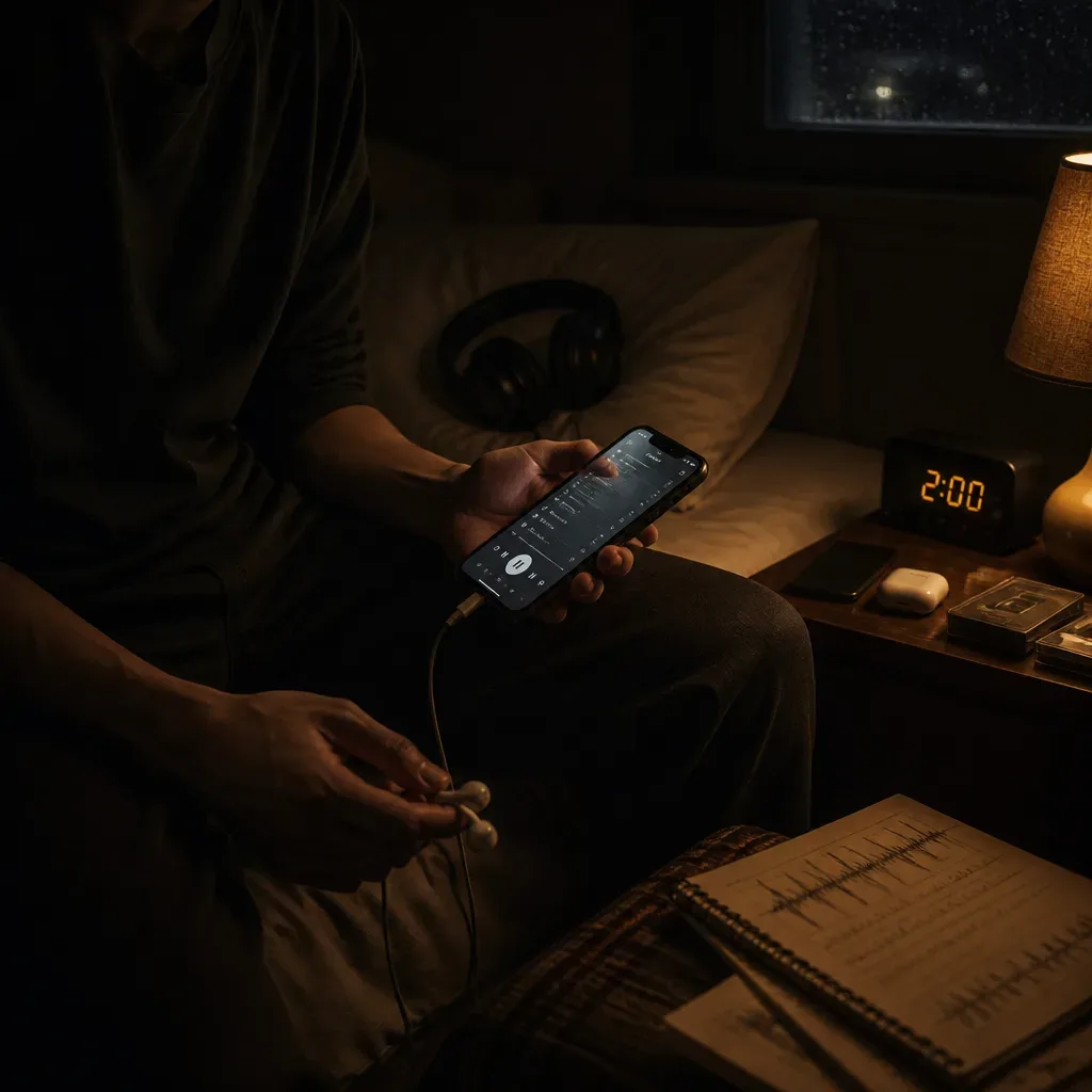 Person pausing a late-night subliminal playlist