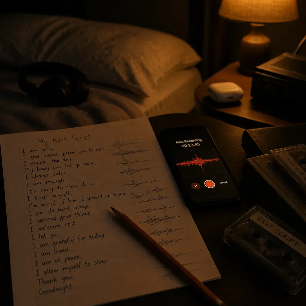 Handwritten sleep script beside a recording phone