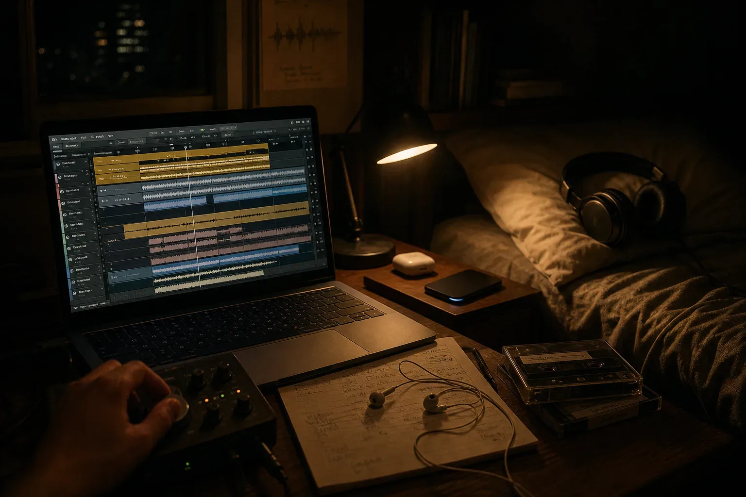 Earbuds beside layered audio tracks on a laptop