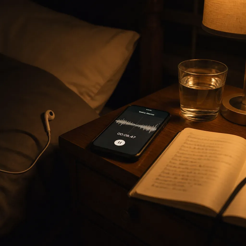Phone voice memo beside earbuds at night