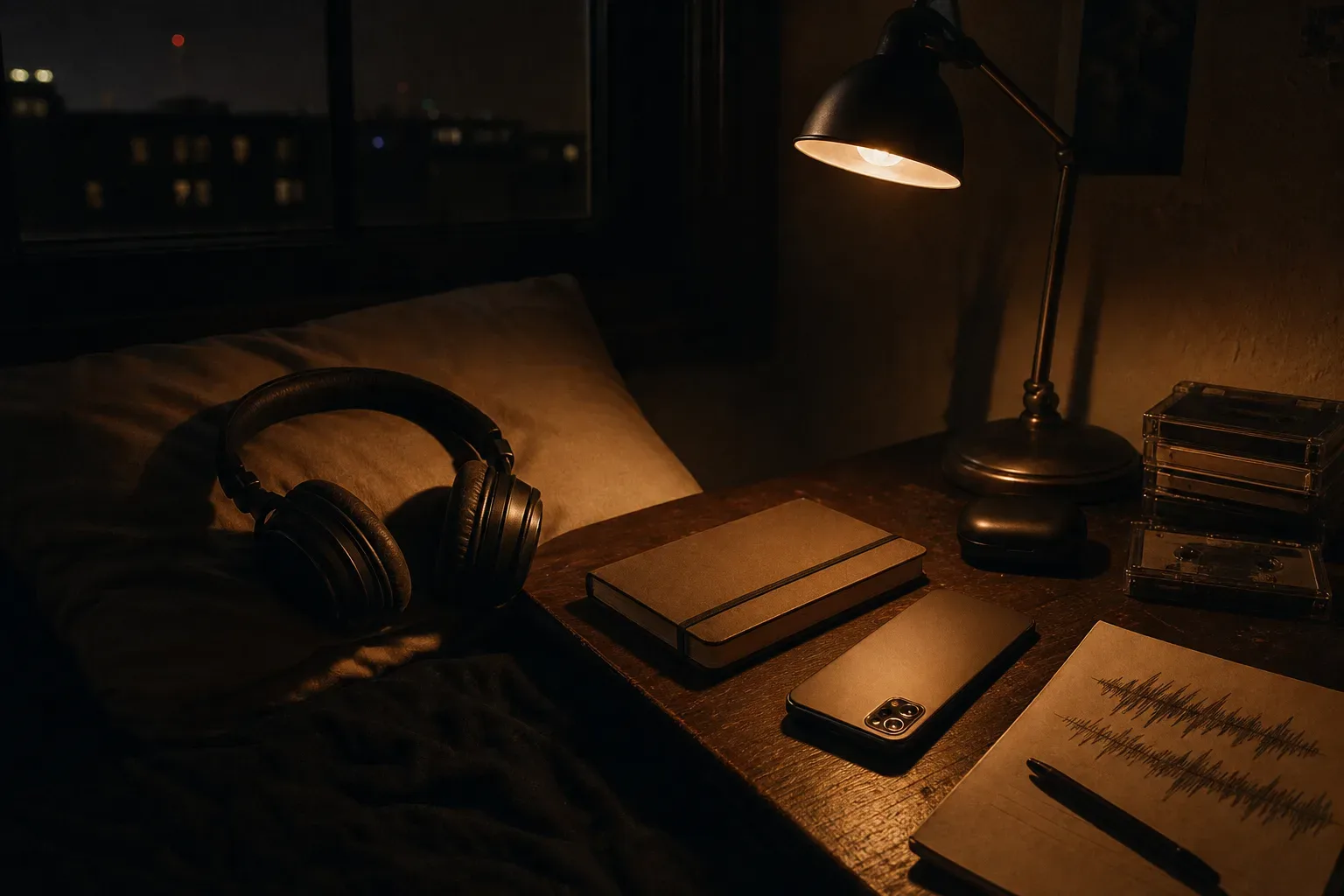 Headphones resting beside a dim bedside lamp