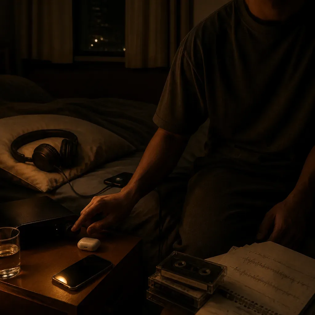 Person holding headphones at the edge of bed
