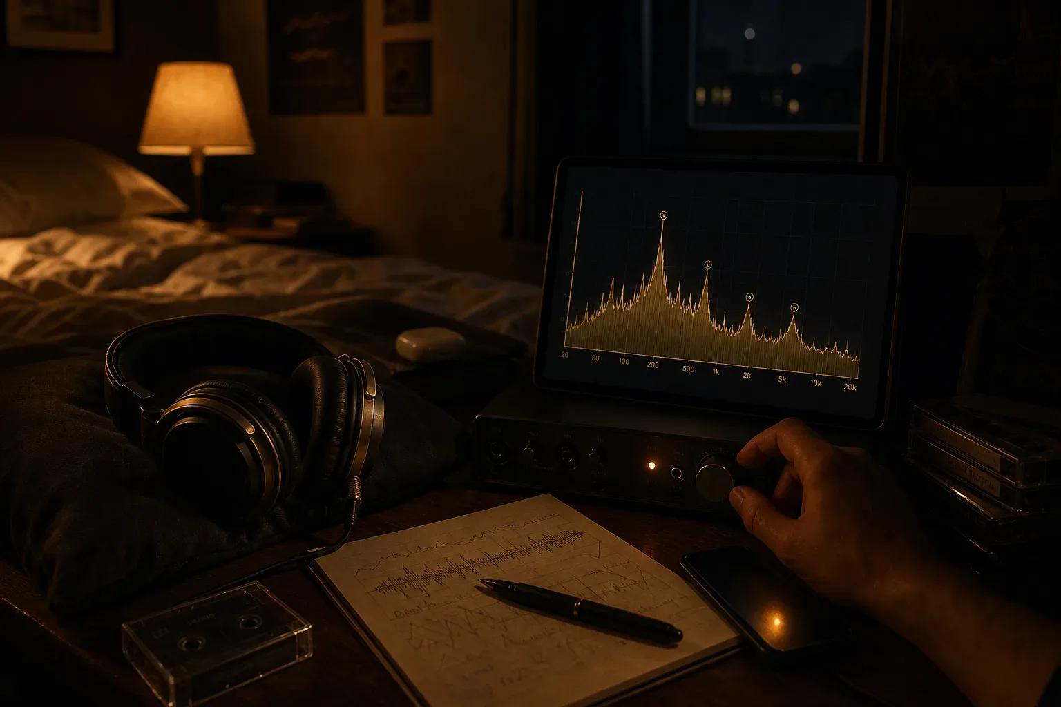 Headphones beside a glowing frequency display at night