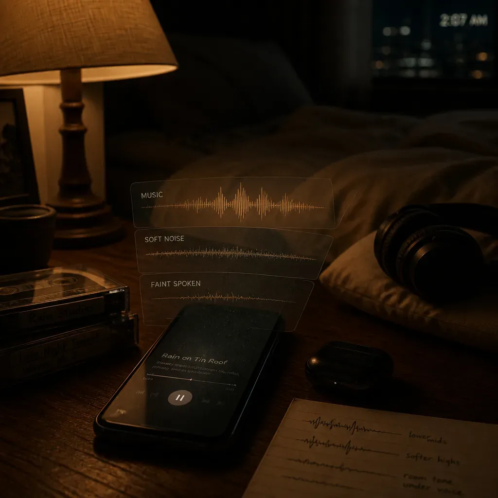 Layered sleep audio waveforms above a bedside phone
