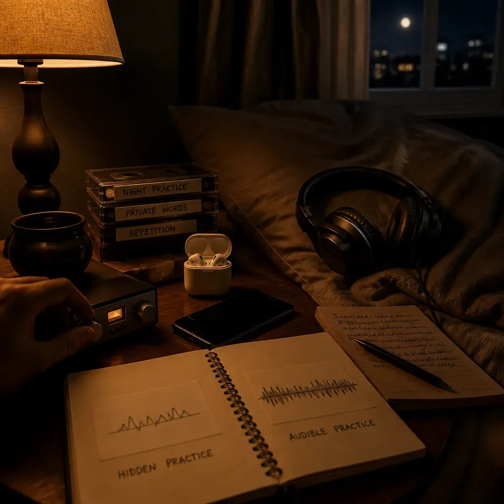 Voice recording and notebook beside a night lamp