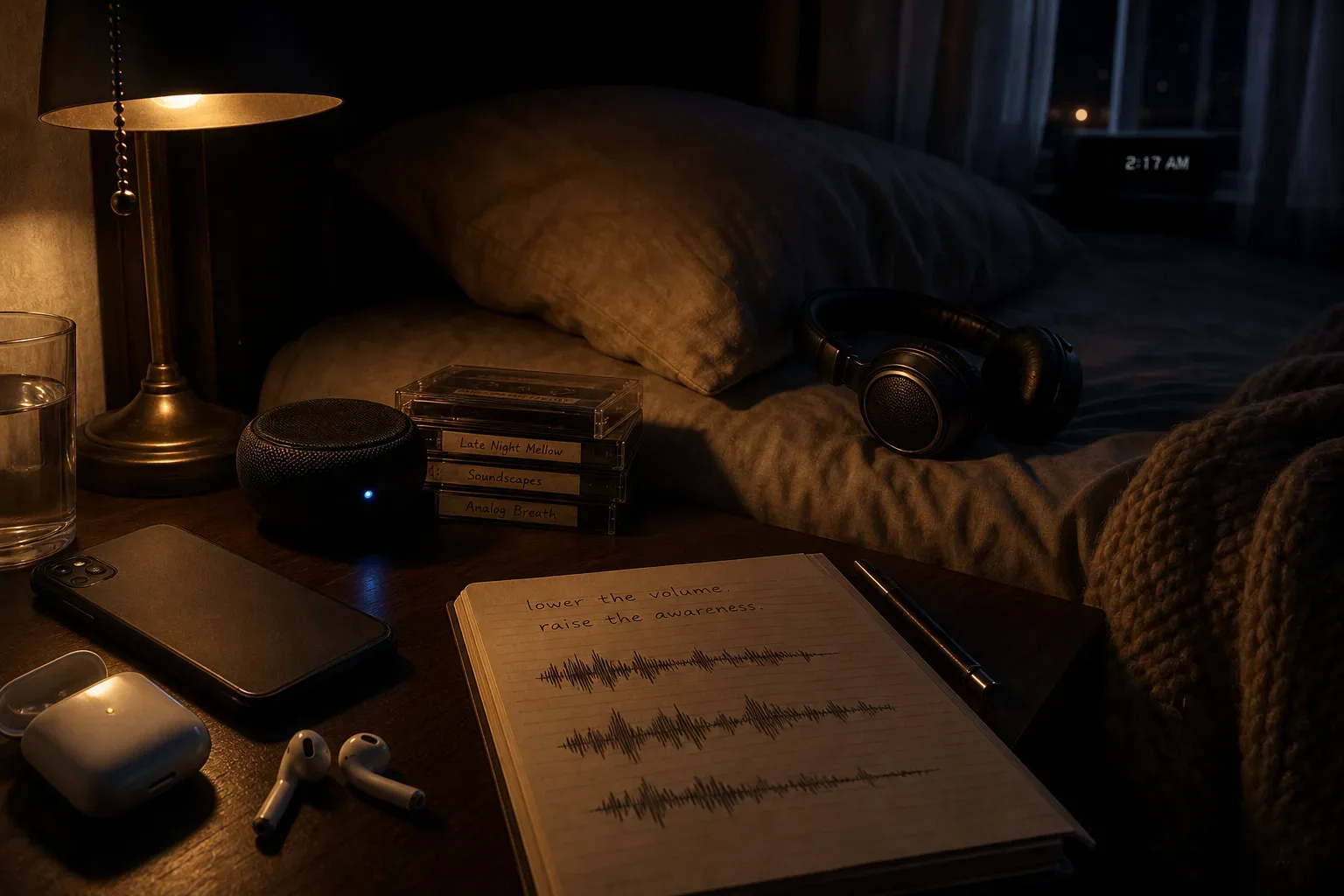 Audífonos en una mesa de noche junto a un reproductor tenue de audio para dormir