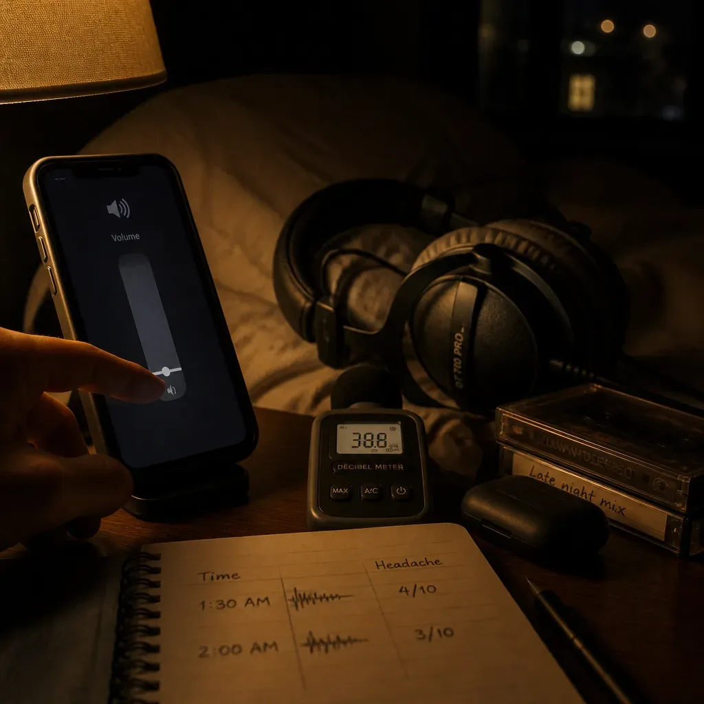 Volumen bajo del teléfono junto a audífonos y notas de noche