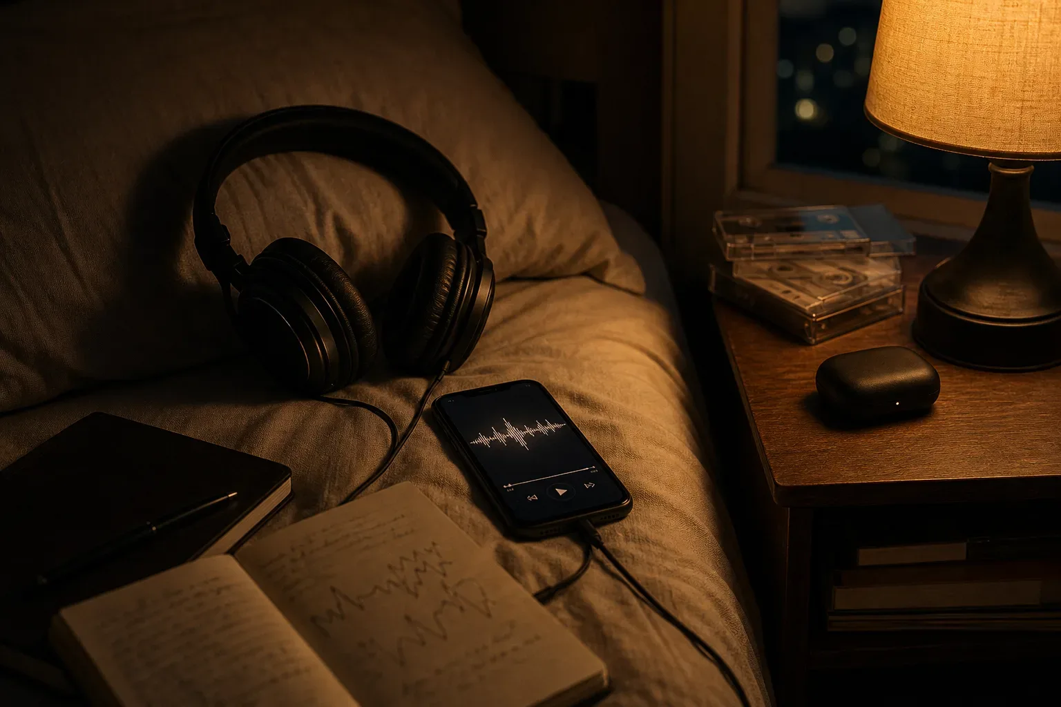 Headphones beside a phone playing quiet night audio