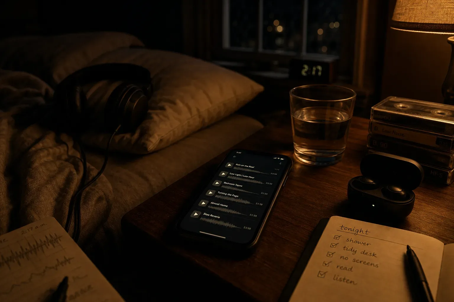Leuchtende Handy-Playlist neben einem ruhigen Bett