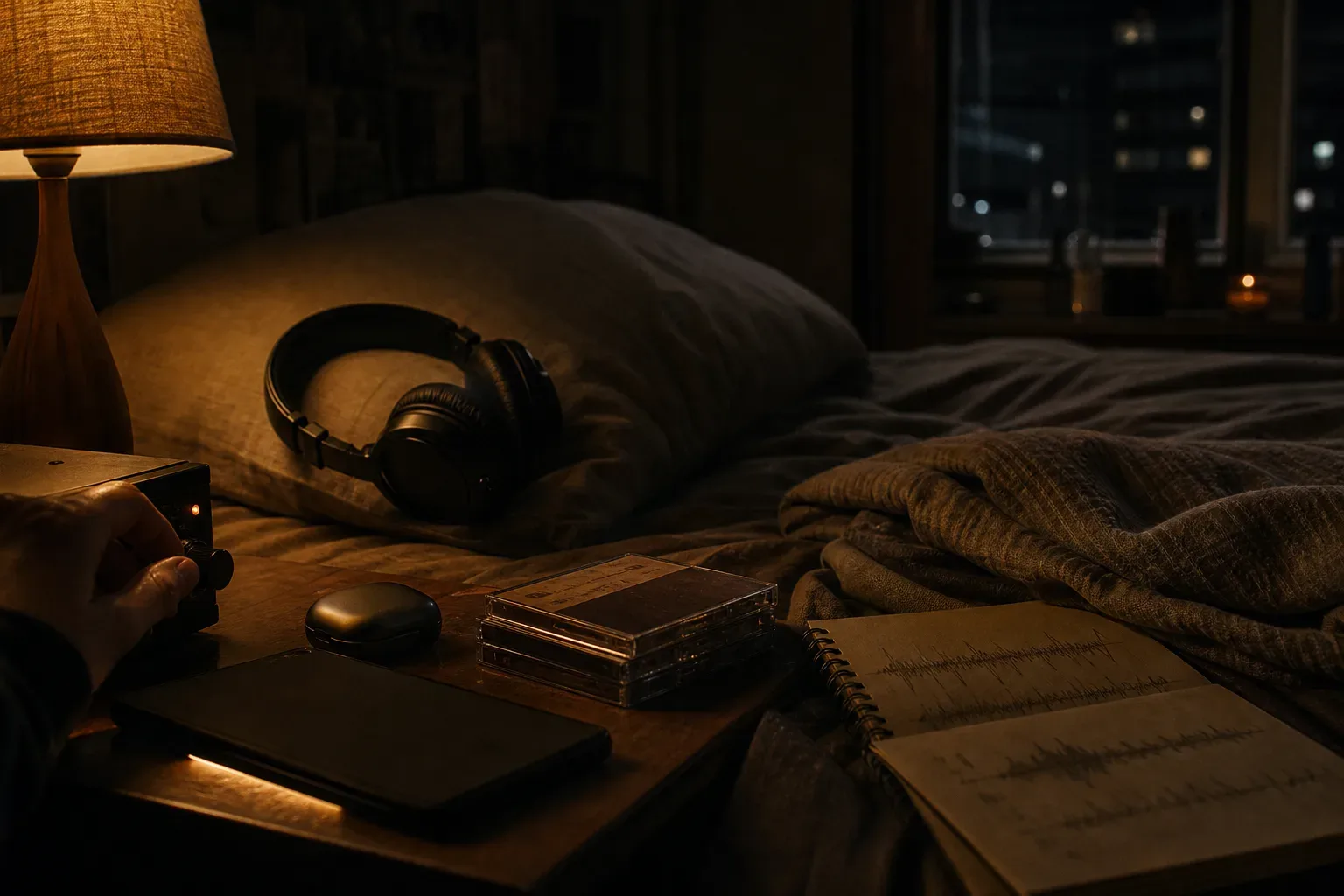 Quiet bedroom with headphones beside a dim lamp