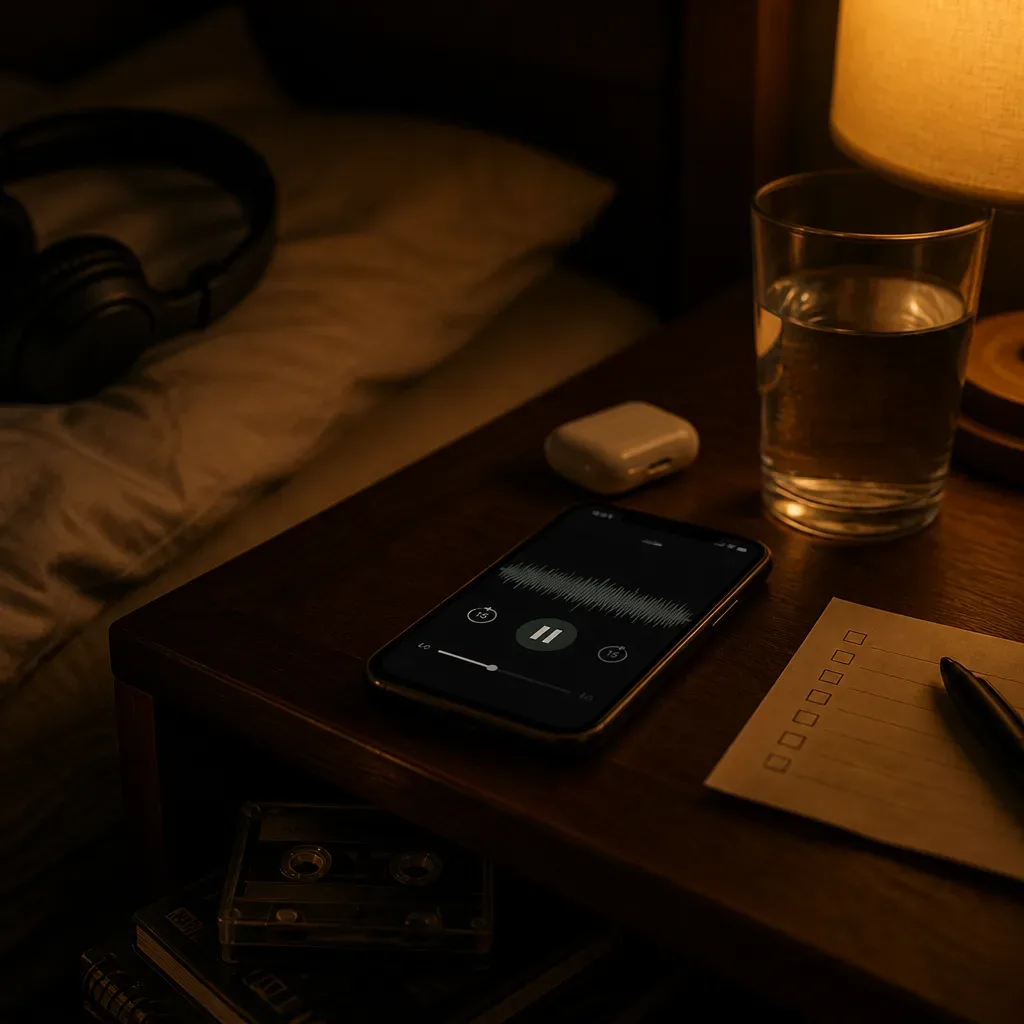 Paused bedtime audio beside water and notes
