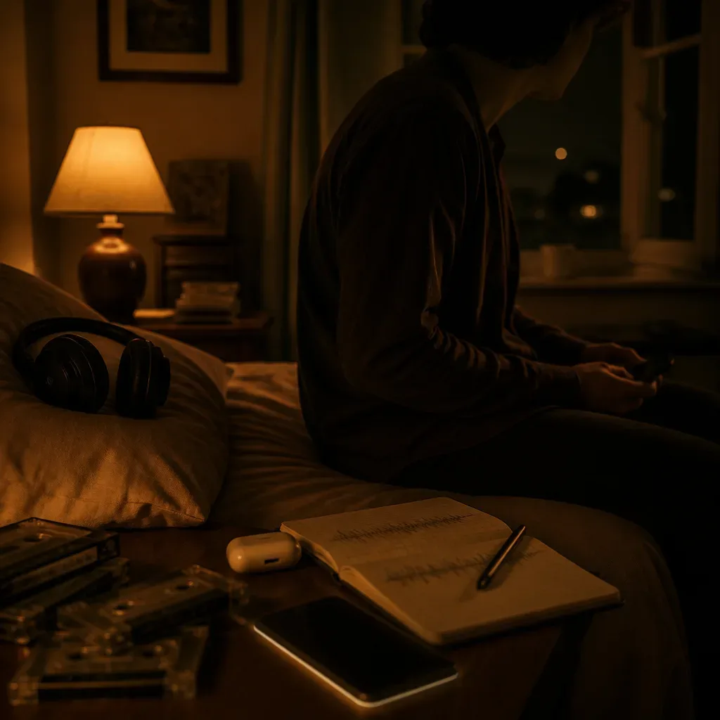 Person preparing audible self-recording before sleep