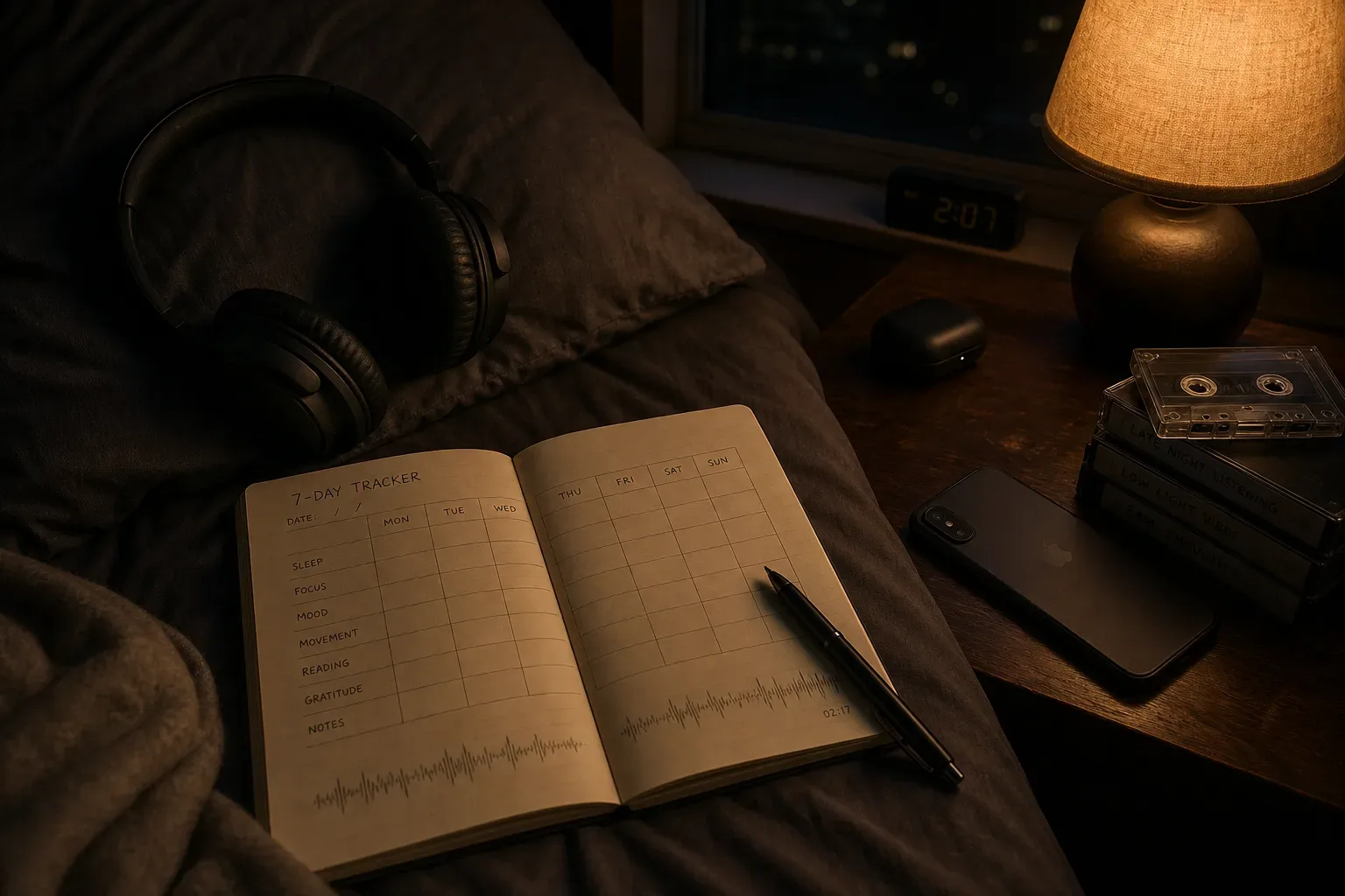 Notebook and headphones beside a dim bedside lamp