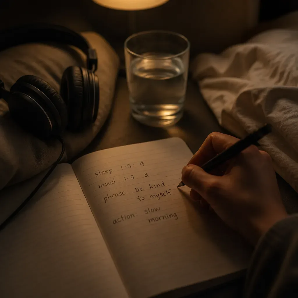 Hand writing sleep and mood scores in notebook