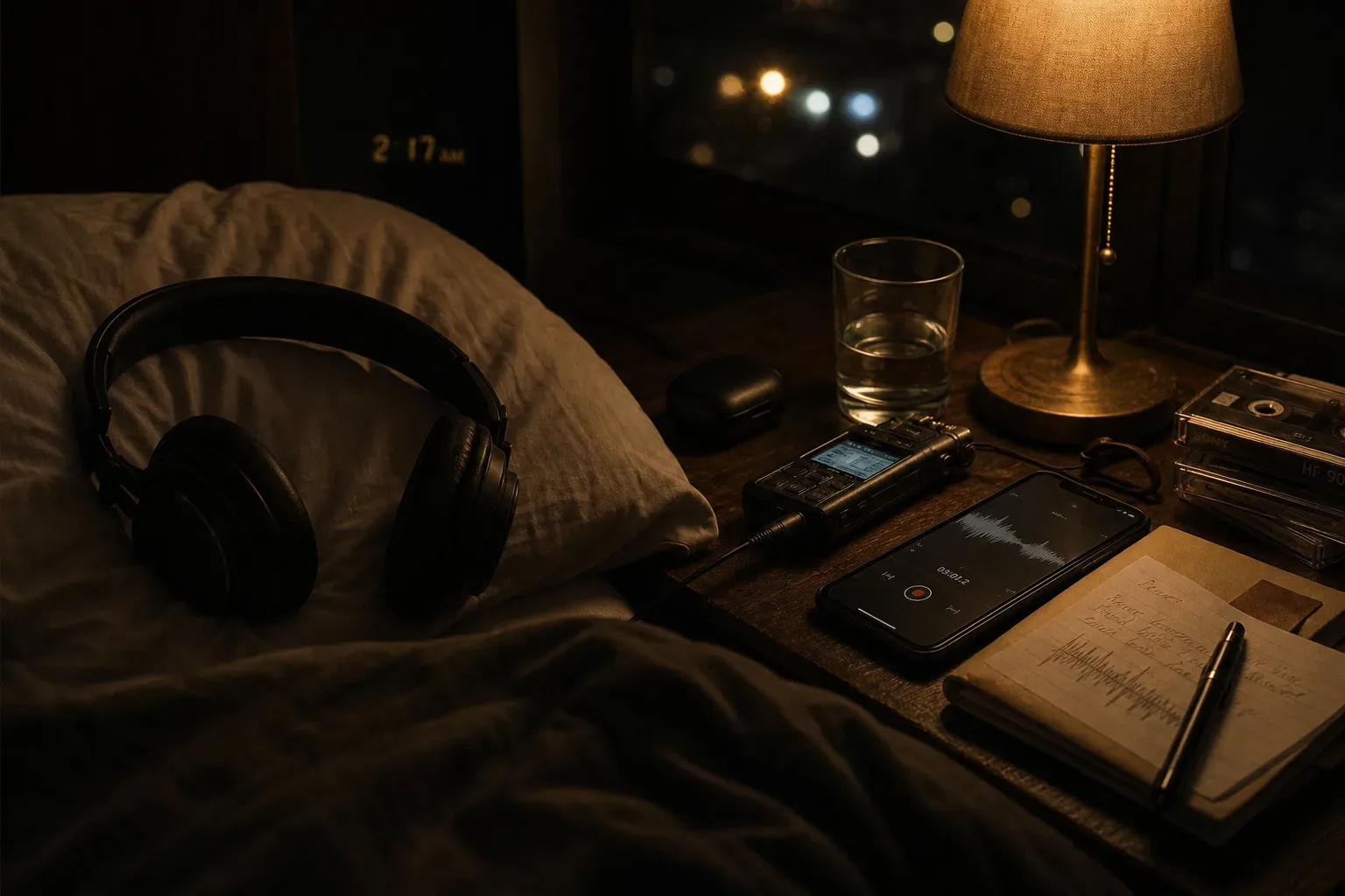 Headphones beside a dim bedside audio recorder