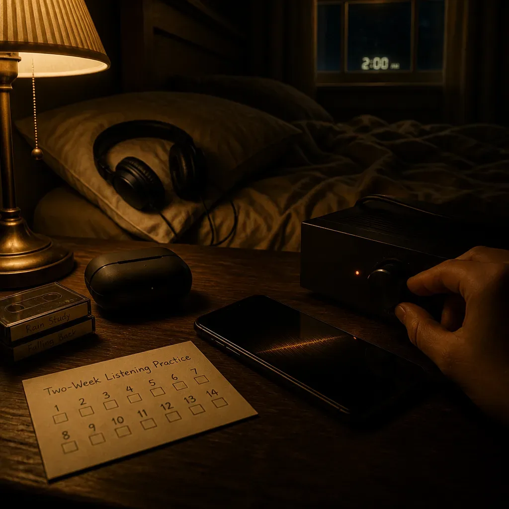 Bedside phone and fourteen-night listening tracker