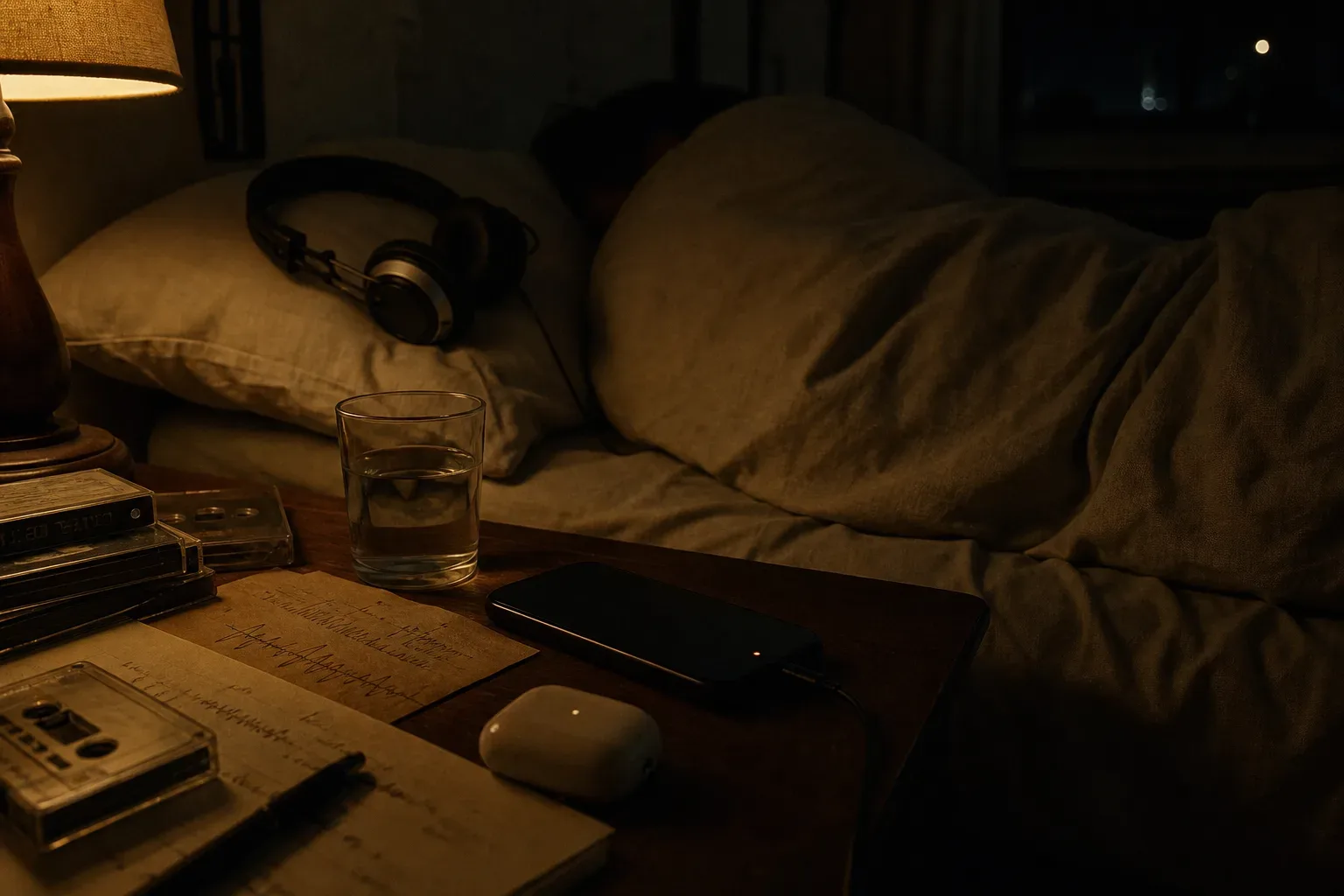 Telefono che riproduce audio a basso volume accanto a un letto